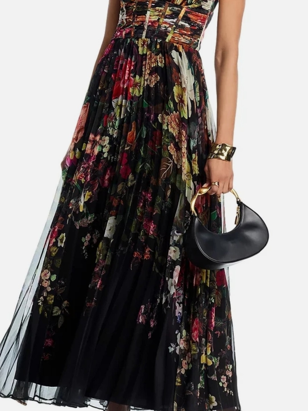 NWT Aqua Black Floral Bustier Midi Dress with Multicolor Garden Print Medium - Picture 3 of 9